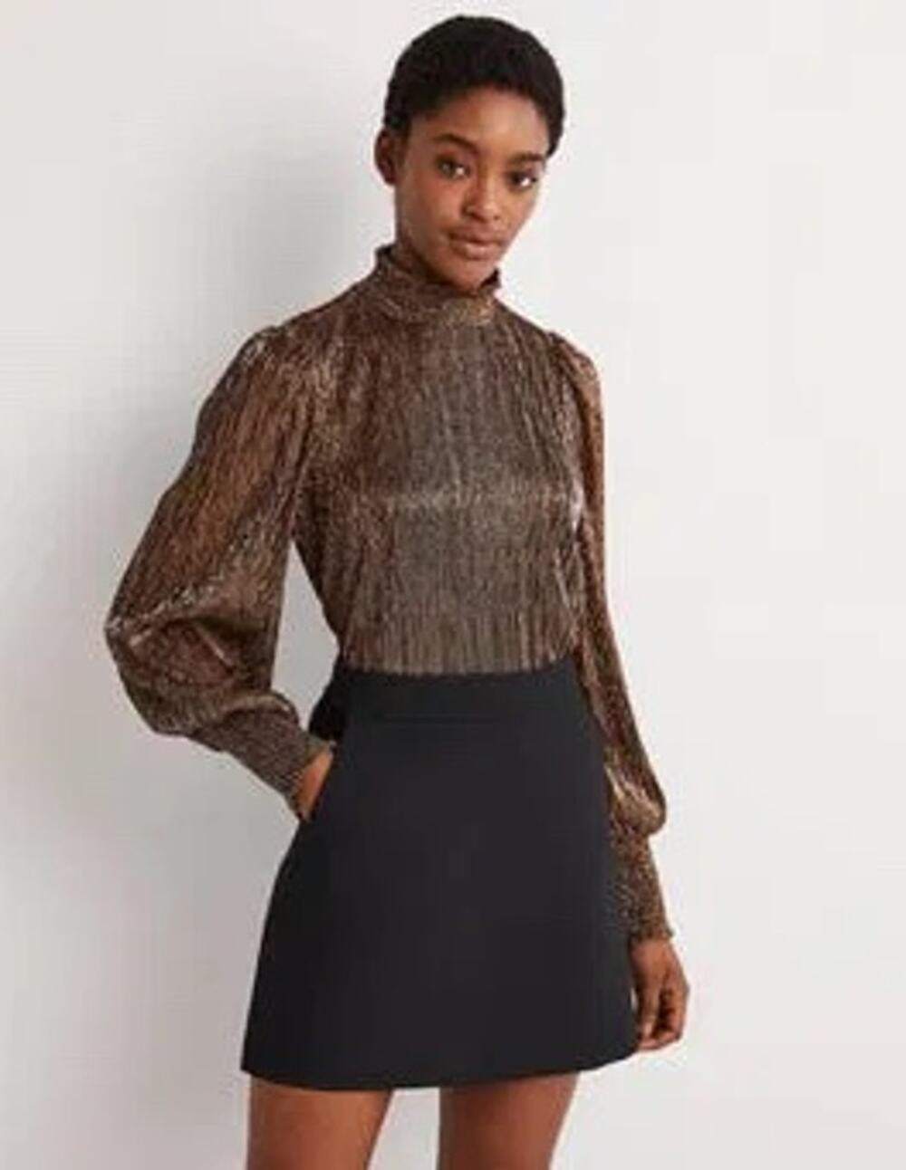 Boden Metallic Smocked Neck Blouse Pleated Top US 10 UK 14 | Liquid Metal